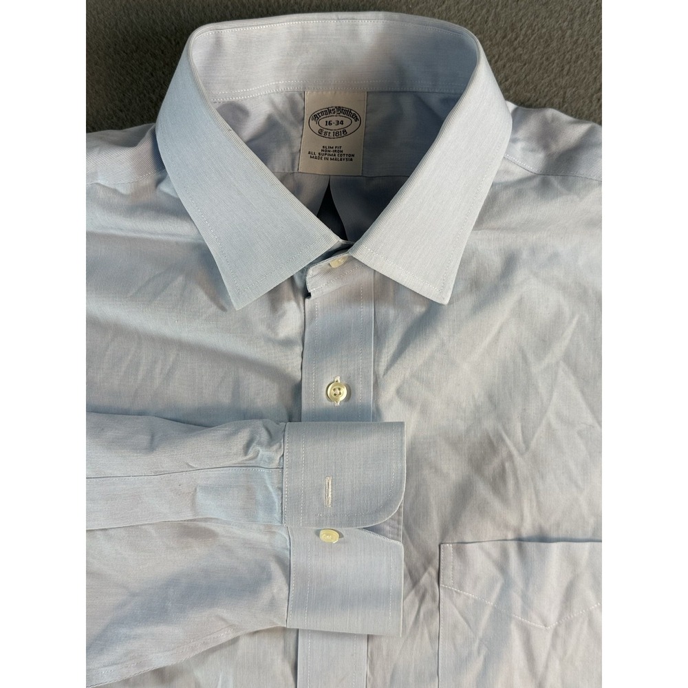Brooks Brothers Dress Shirt Mens 16 34/35 Blue Non Iron Supima Cotton Slim Fit